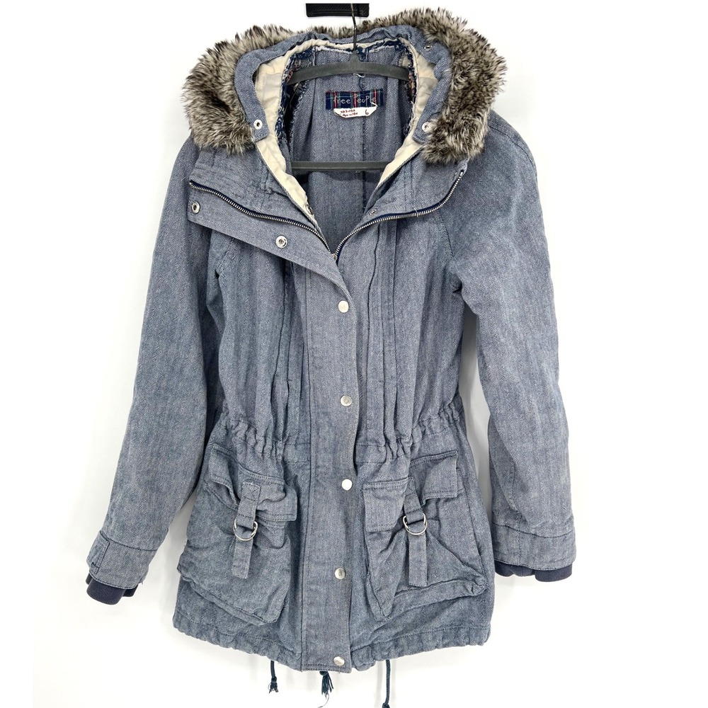 Free People Y2K Blue Herringbone Parka Jacket Size 6 Cotton Vintage Fall